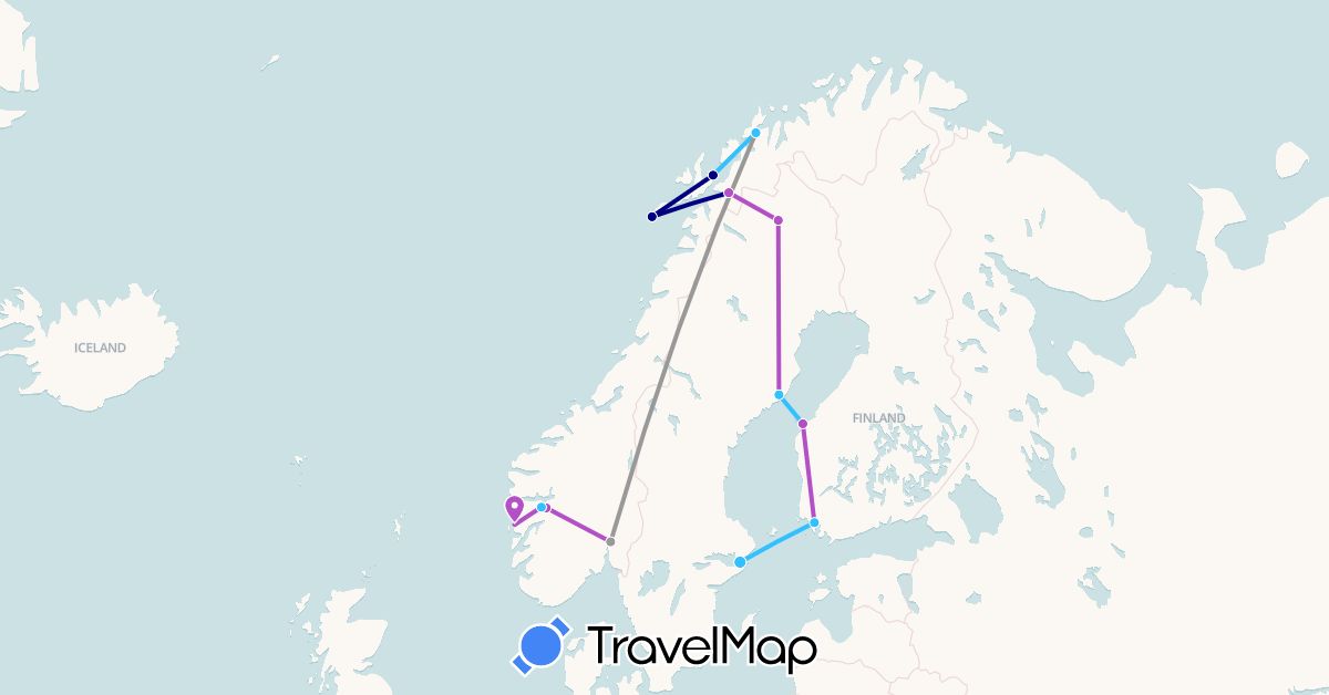 TravelMap itinerary: driving, plane, train, boat in Finland, Norway, Sweden (Europe)