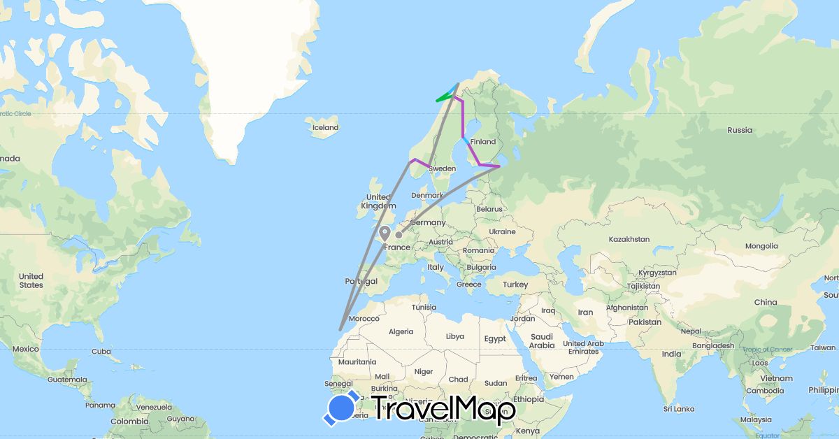 TravelMap itinerary: driving, bus, plane, train, boat in Spain, Finland, France, Norway, Russia, Sweden (Europe)