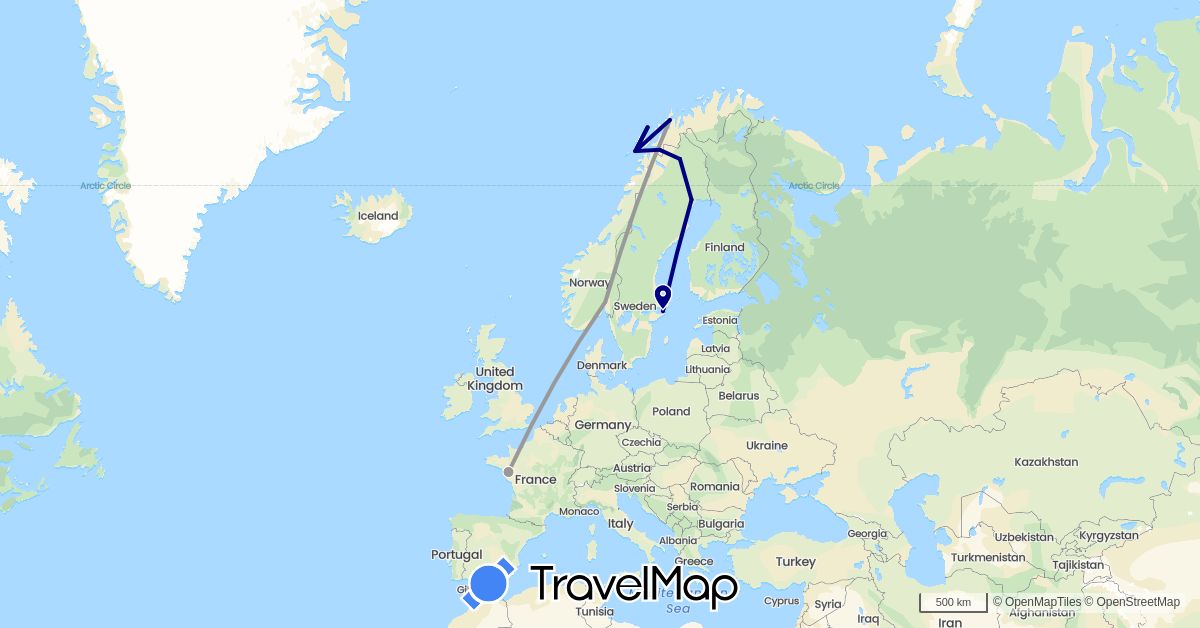 TravelMap itinerary: driving, plane in France, Norway, Sweden (Europe)